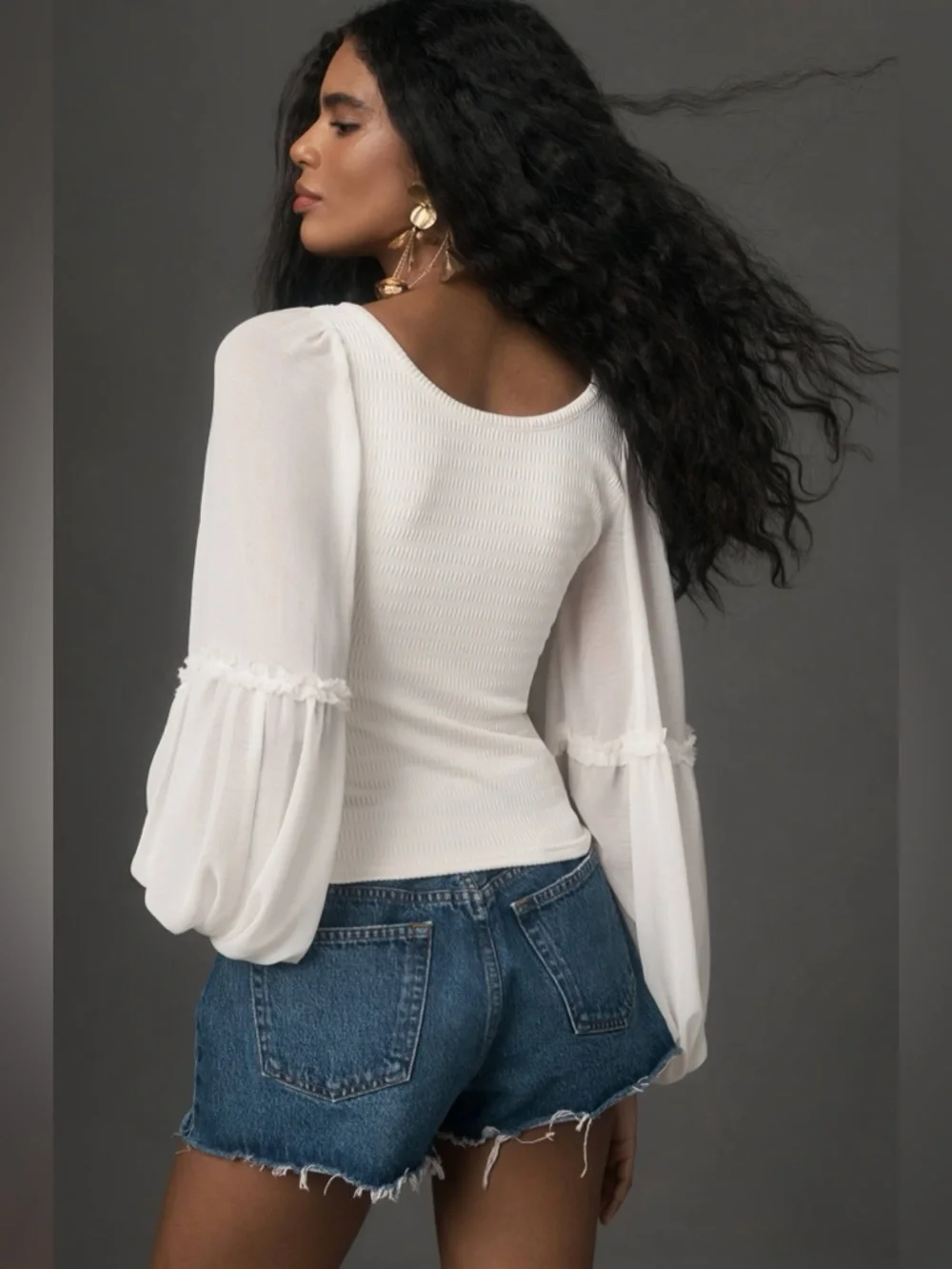 ANTHROPOLOGIE Ivory Smocked Puff Sleeve Top Sheer Balloon Sleeve Small